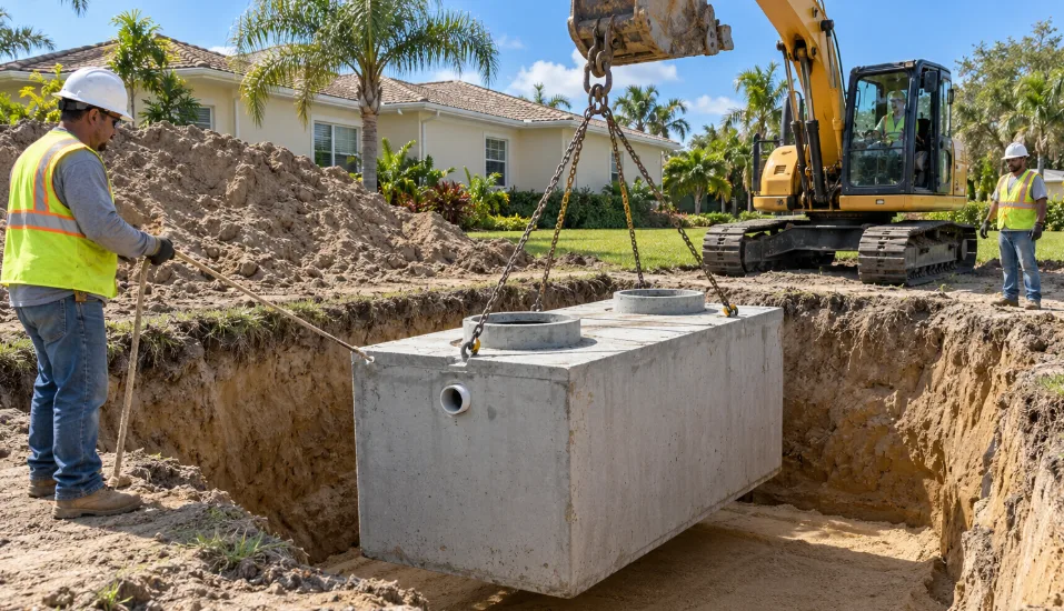 Illustration of a concrete septic tank installation at a residential property